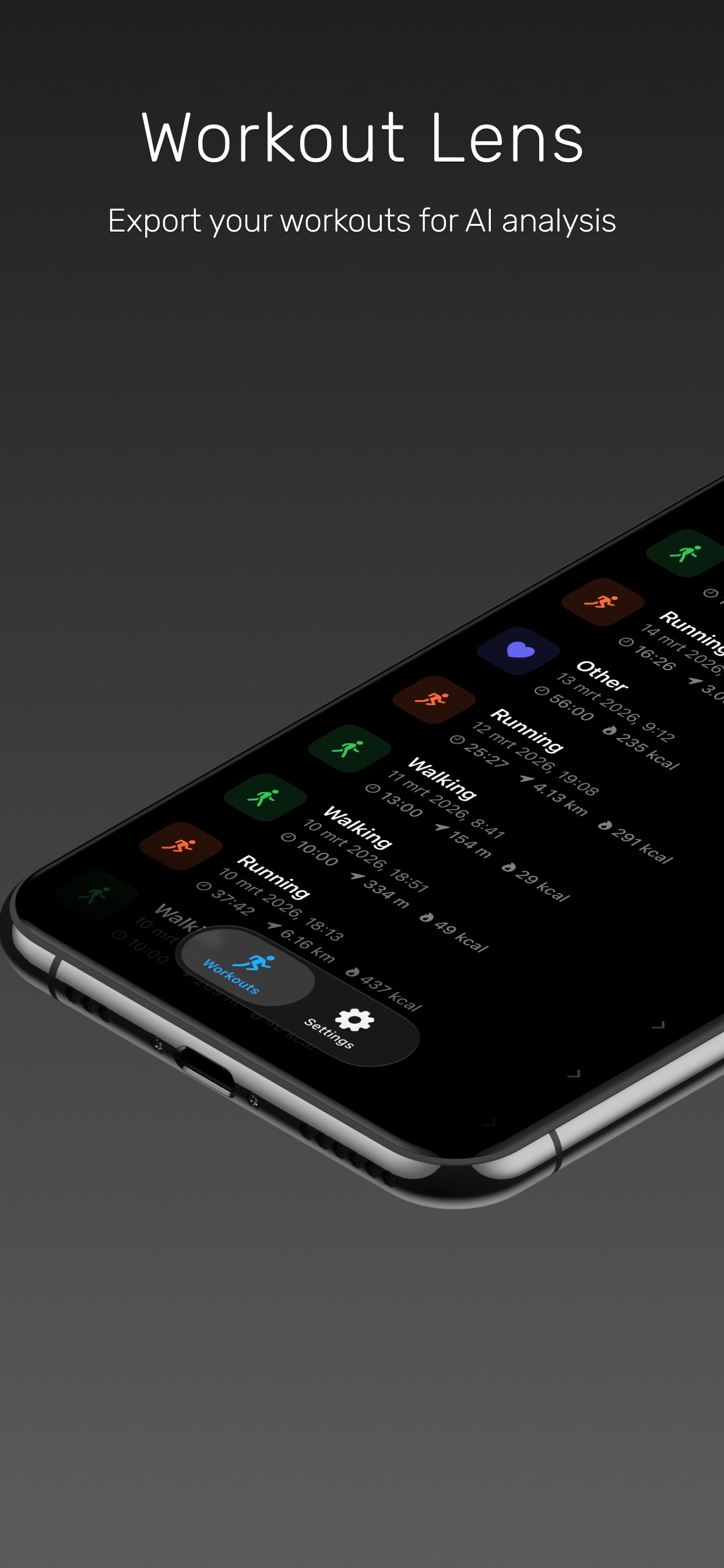 Workout Lens app showing workout list