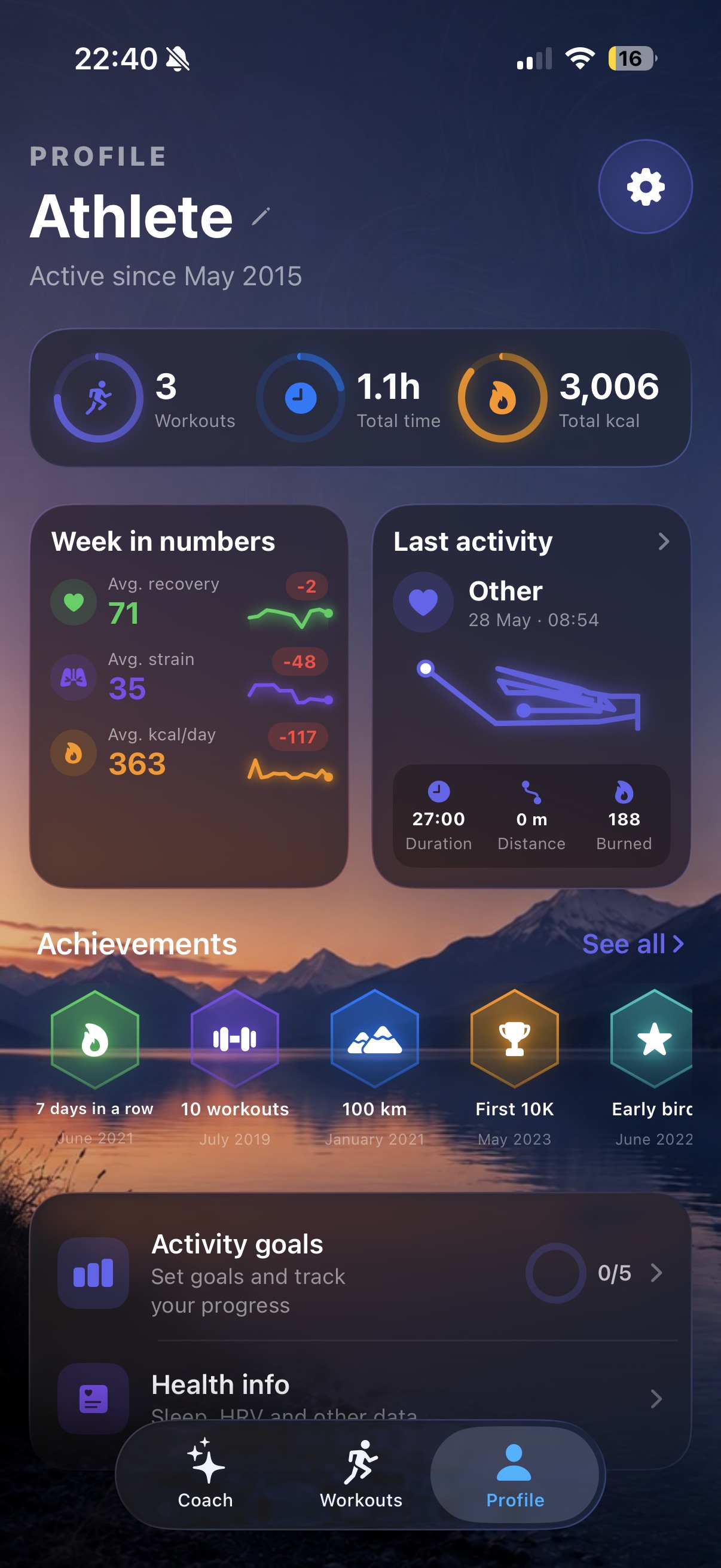 Profile tab with lifetime totals, week-in-numbers card and latest activity