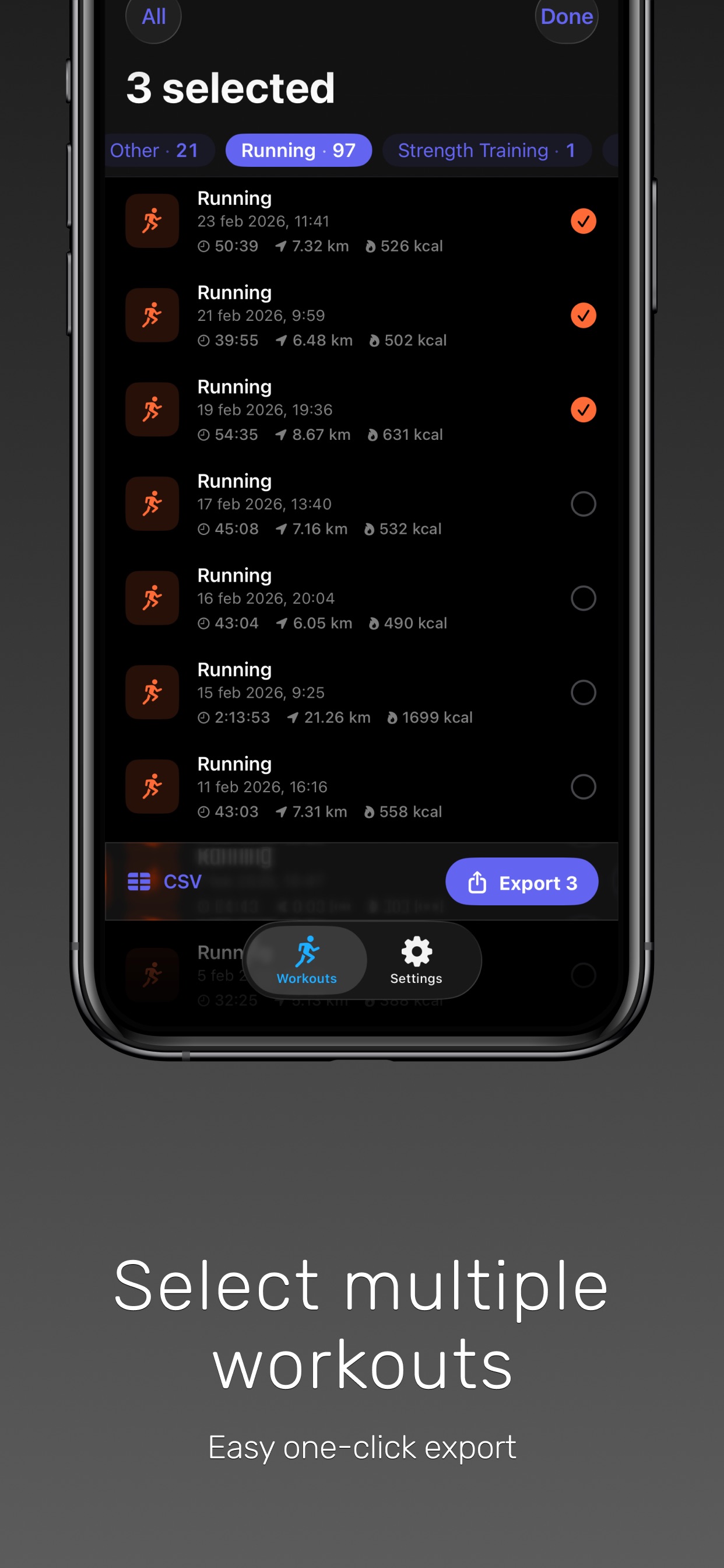 Selecting multiple workouts for export