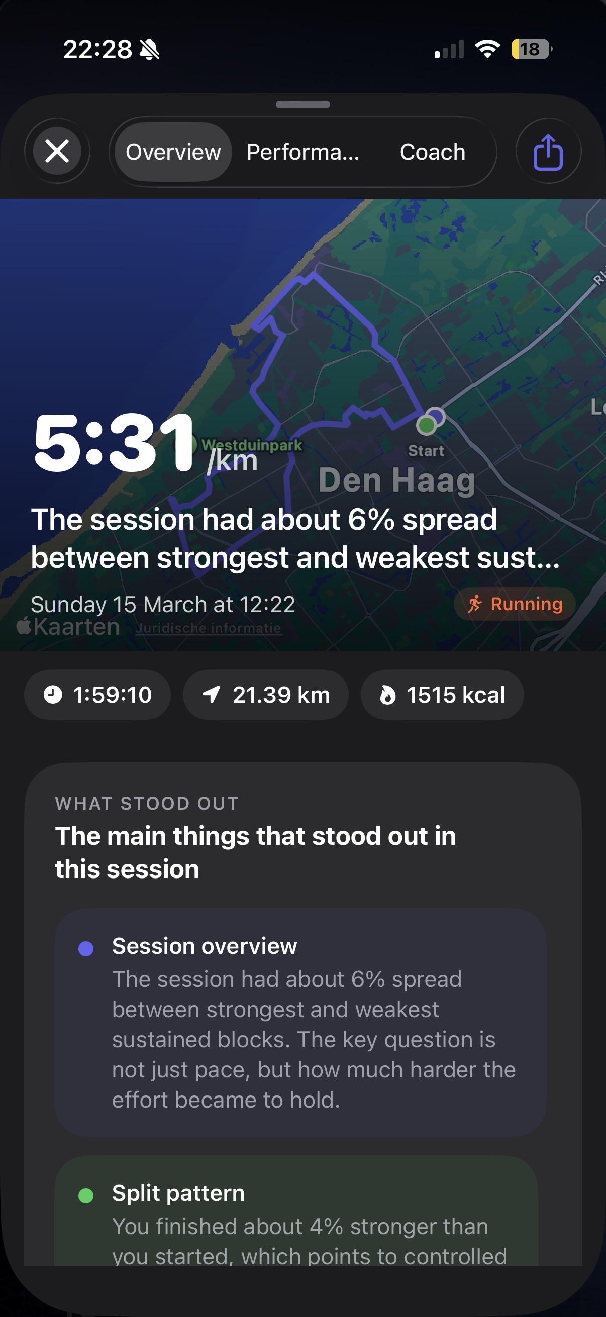 Workout detail view with GPS map, heart rate chart and splits